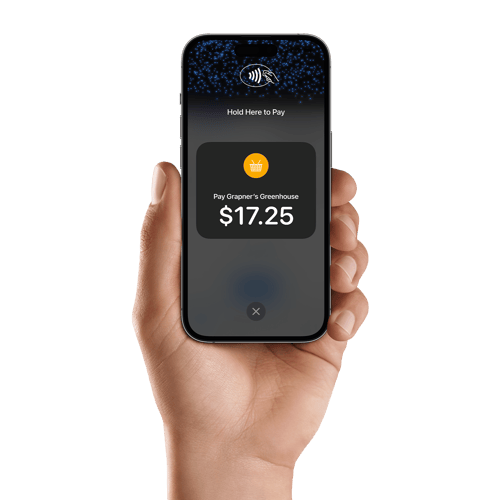 A hand holding an iPhone 14 Pro, ready to accept payment