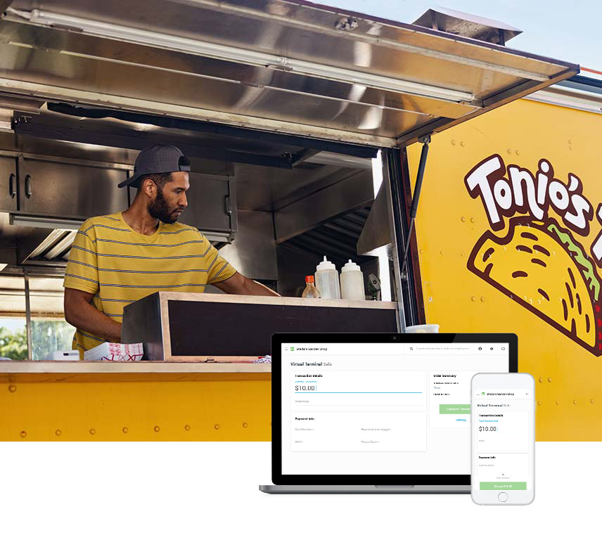 Taco Food Truck owner setting up food truck. Clover Dashboard displayed on desktop and mobile.